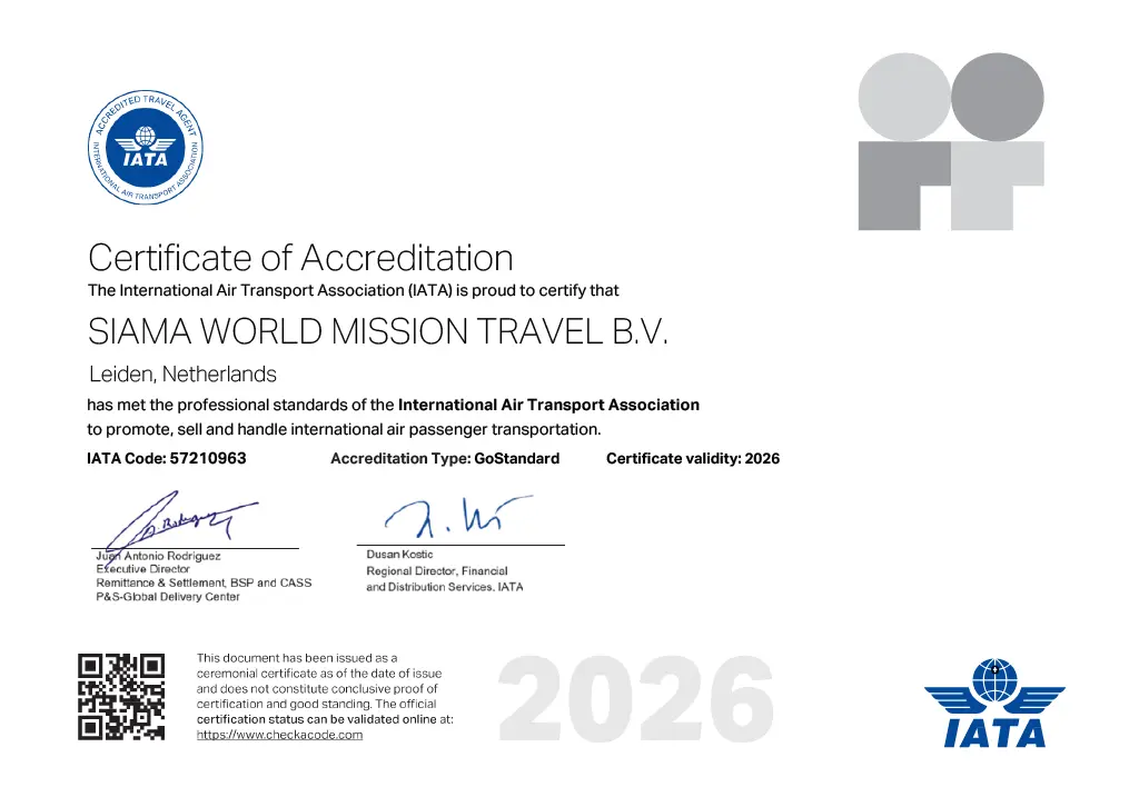 Official SIAMA IATA Accreditation Certificate for the year 2026, demonstrating official travel agent licensing.