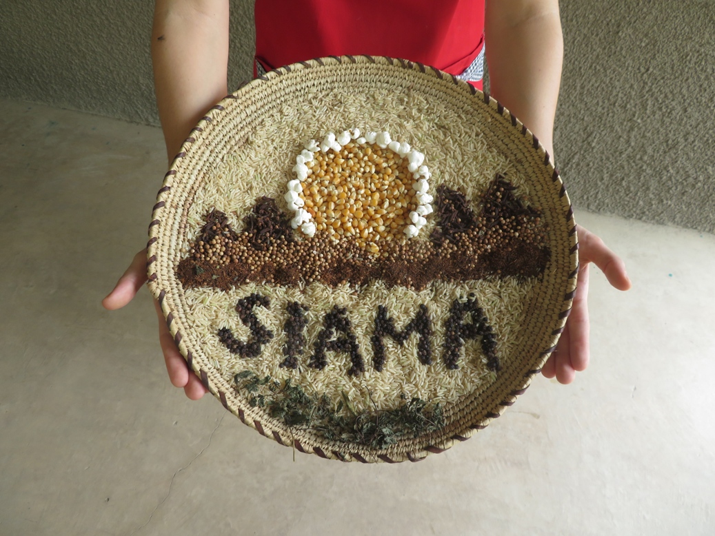 Featured in this image are dried mint leaves, peppercorns, cloves, coriander seeds, popcorn kernels (some popped), brown rice, and red tea, all carefully arranged on a local, woven tray. The word 'SIAMA' is spelled.