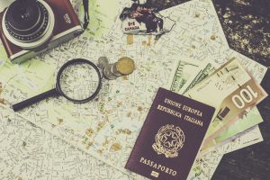 travel documents, passport and map