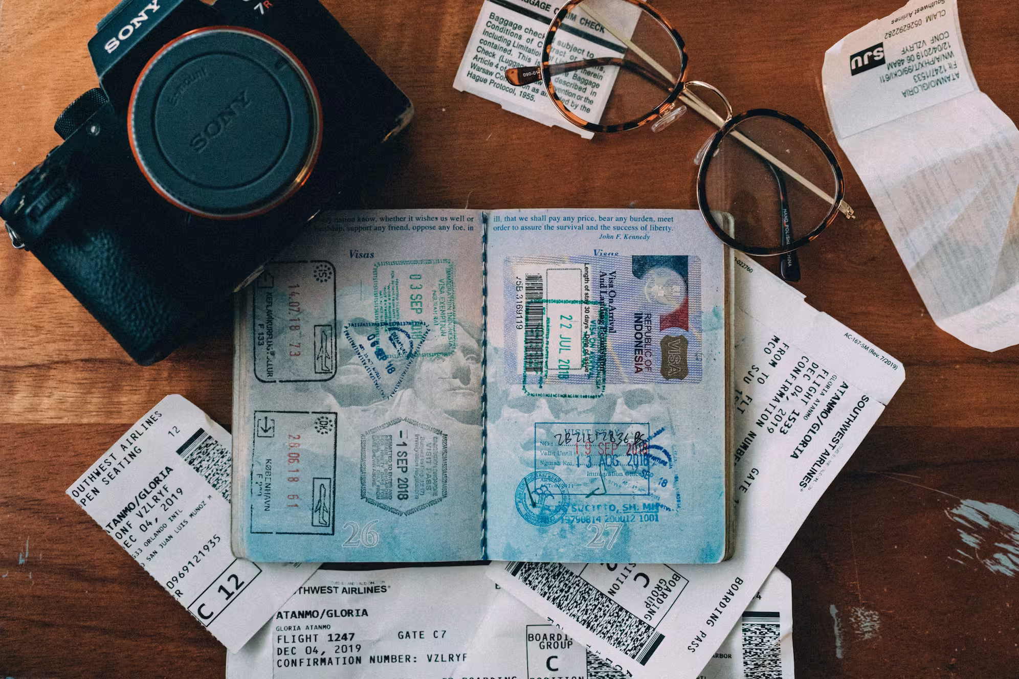 An international passport with a camerra and paper flight ticket and boarding pass placed on top, used as a visual illustration for ticket verification.